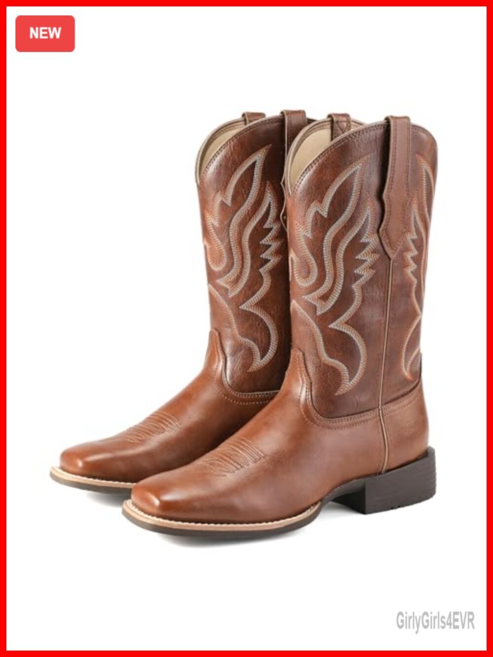Vegan Leather Square Toe Mid Calf Pull On Cowgirl Boots with Retro Embroidery